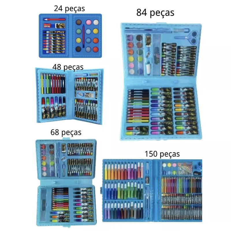 Estojo Maleta de Pintura Infantil - Kits de 24 a 150 Peças com Canetinhas, Giz, Lápis e Desenhos para Colorir