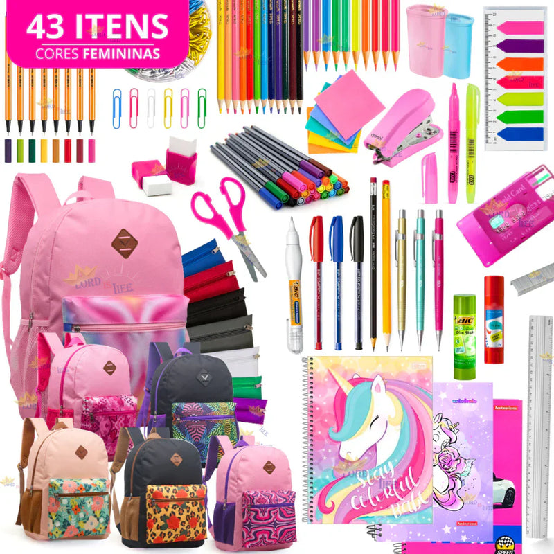 Kit Material Escolar Feminino Completo Mochila Feminina Escolar Material Estojo Escolar Menina Rosa