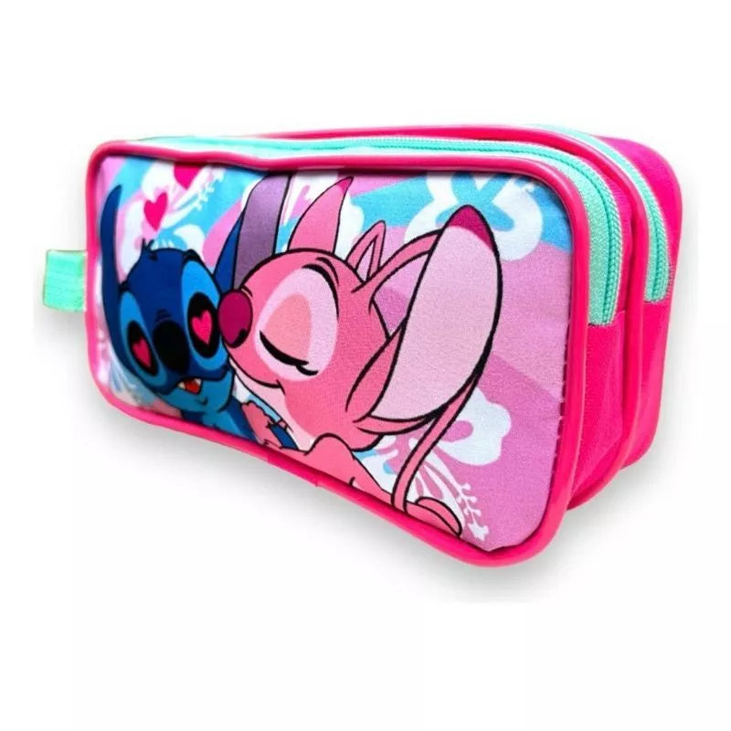 Estojo Escolar Grande Lilo Stitch Rosa 2 Compartimentos Infantil Kids Escola Material Lapis